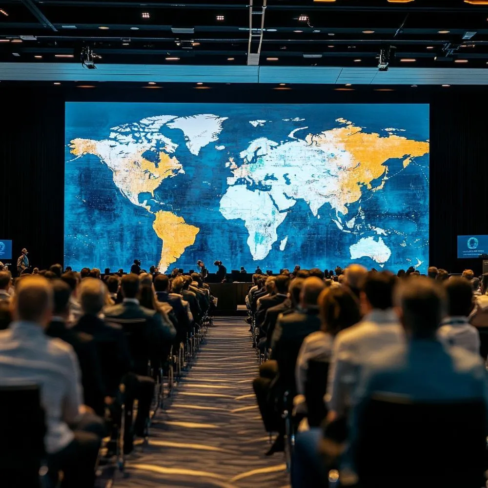 Conference audience facing a global stage